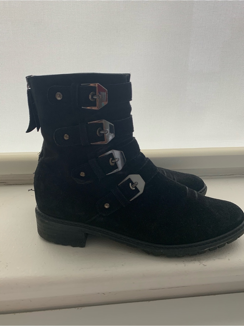 Stuart Weitzman Black Suede Buckle Ankle Boots